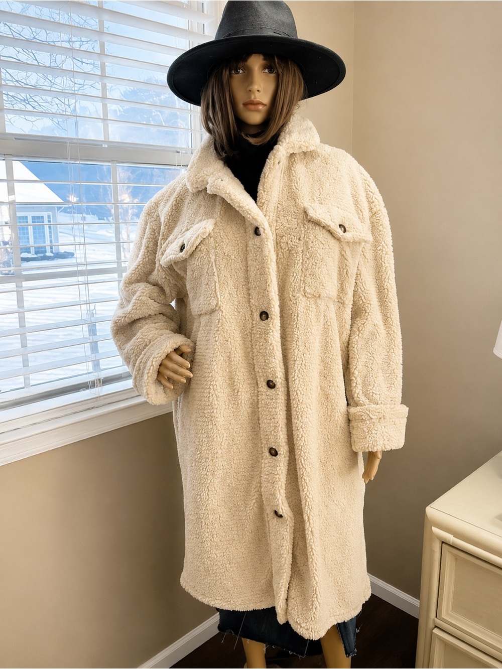 Long Sherpa Fleece Jacket in Oatmeal- S/M